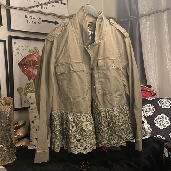 Lane Bryant Olive Green Peplum Lace Jacket Womens 26 Button Front - Picture 3 of 6